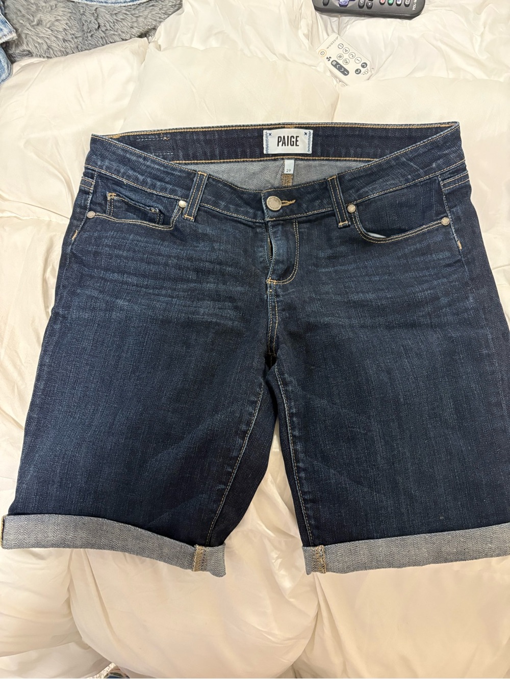 PAIGE Indigo Denim Shorts with Contrast Stitching